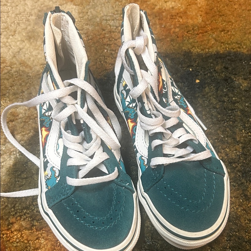 Vans Kids High-Top Sneakers - Teal and White with Flame Design